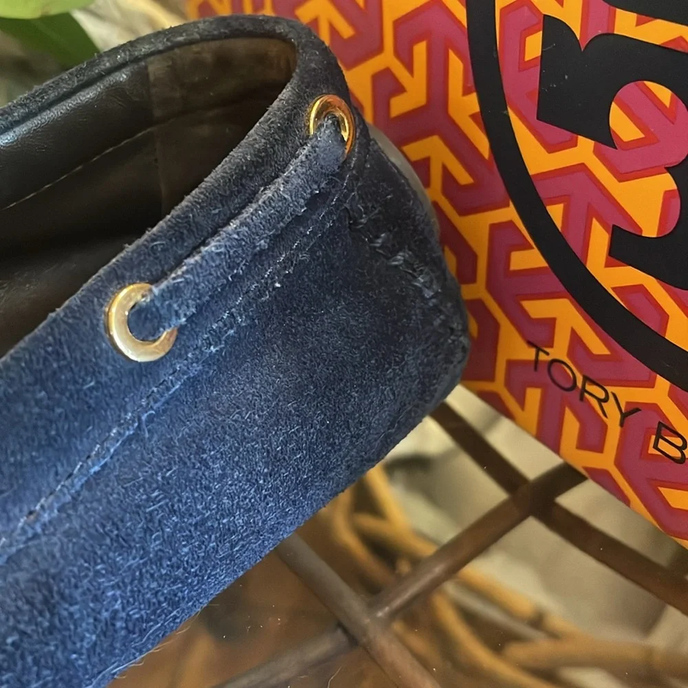 Tory Burch Navy Blue Suede Tassel Loafers with Gold Logo Medallions
